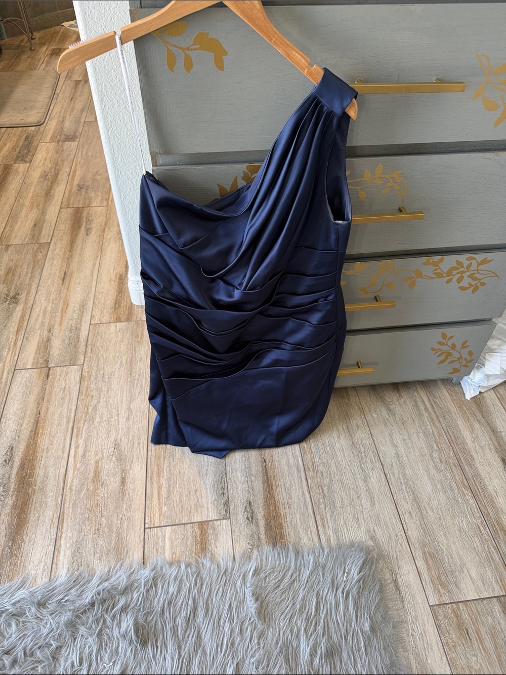 David's Bridal Navy One-Shoulder Draped Mini Dress